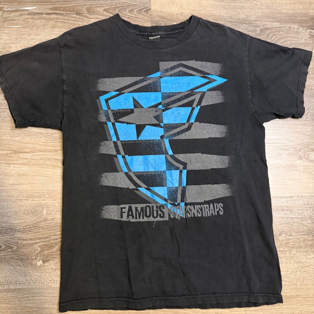 Famous Stars and Straps Mens Graphic T-Shirt Black Blue Logo Size M Y2K Skate